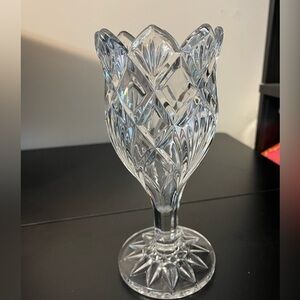 Vintage 8” Saw Tooth Heavy Etched Pressed Cut Glass Chalice Vase Star Sun Patter